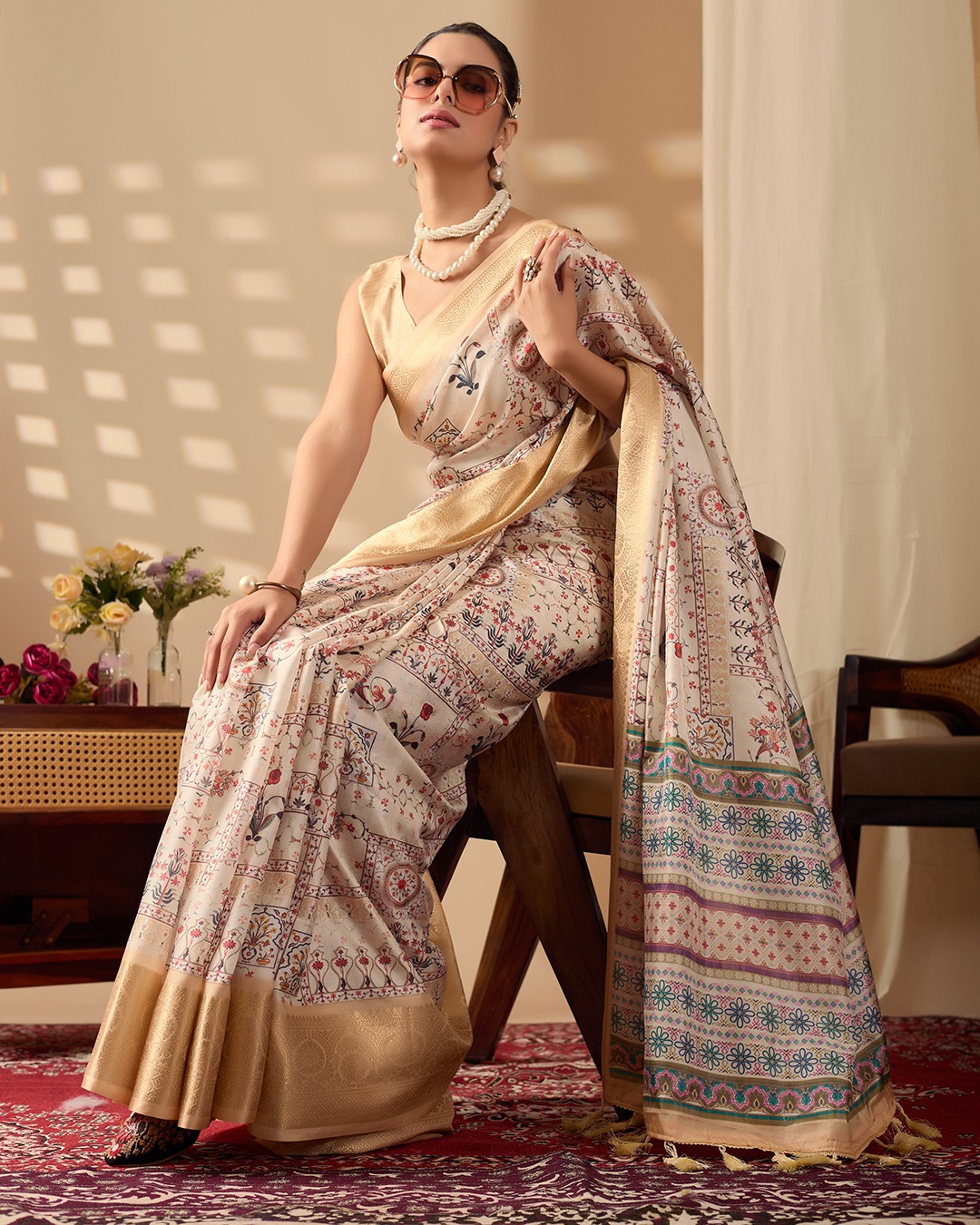 Beige Lichi Silk Saree with Gold Zari Border Design