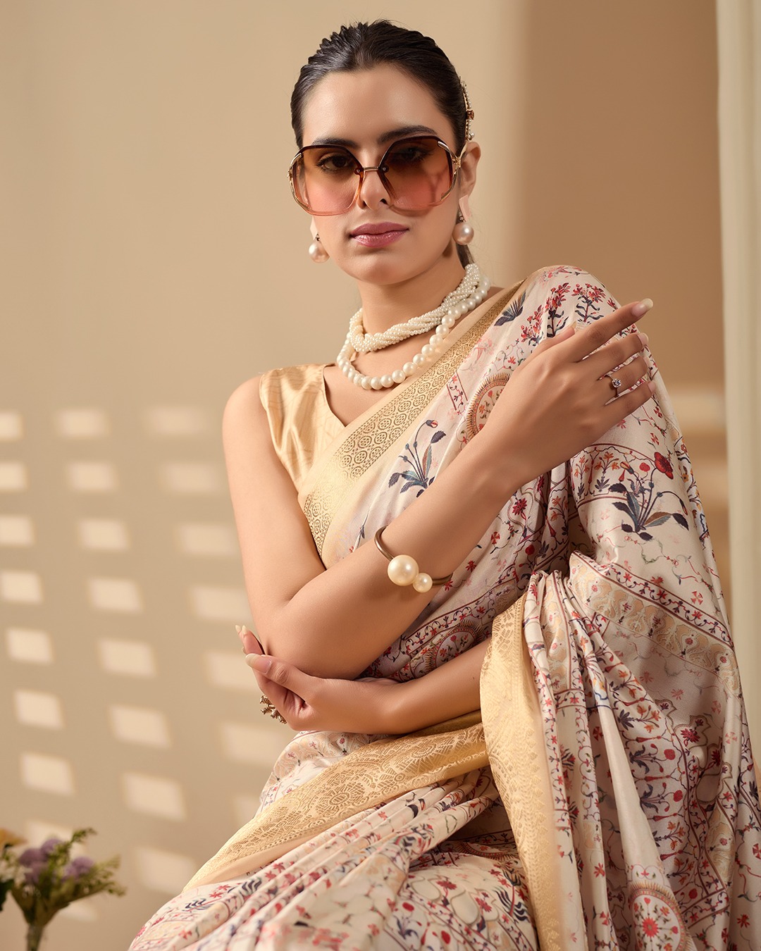 Beige Lichi Silk Saree with Gold Zari Border Design