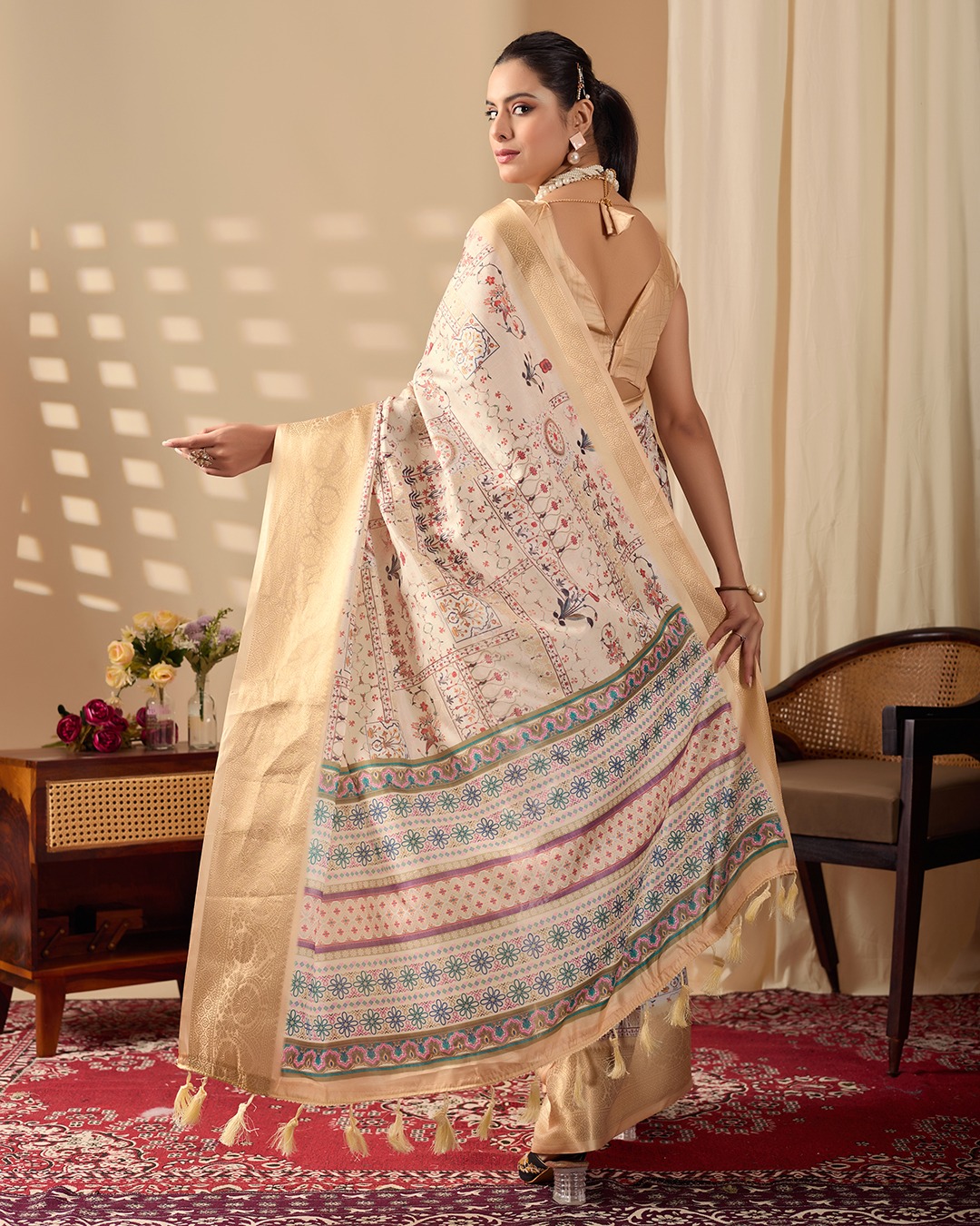 Beige Lichi Silk Saree with Gold Zari Border Design