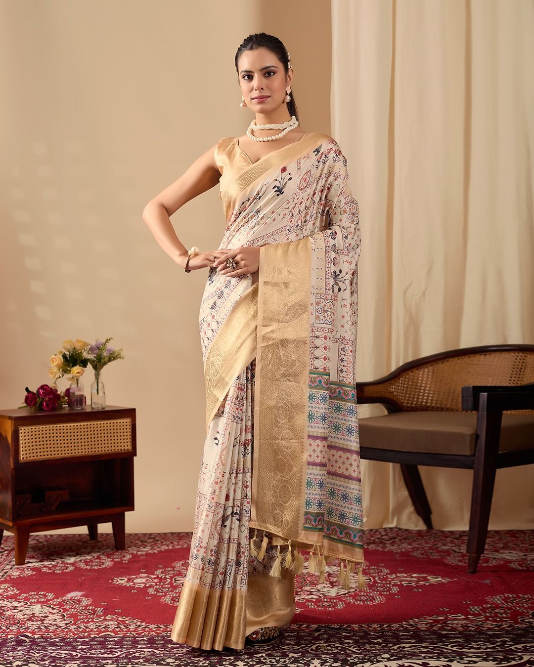 Beige Lichi Silk Saree with Gold Zari Border Design