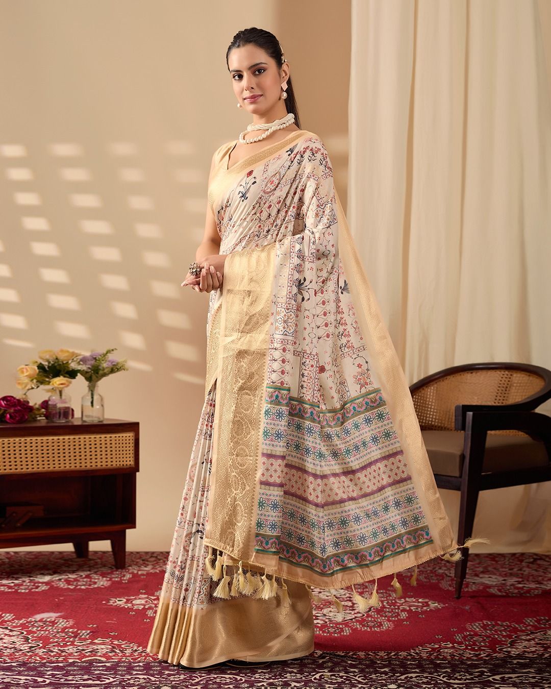 Beige Lichi Silk Saree with Gold Zari Border Design