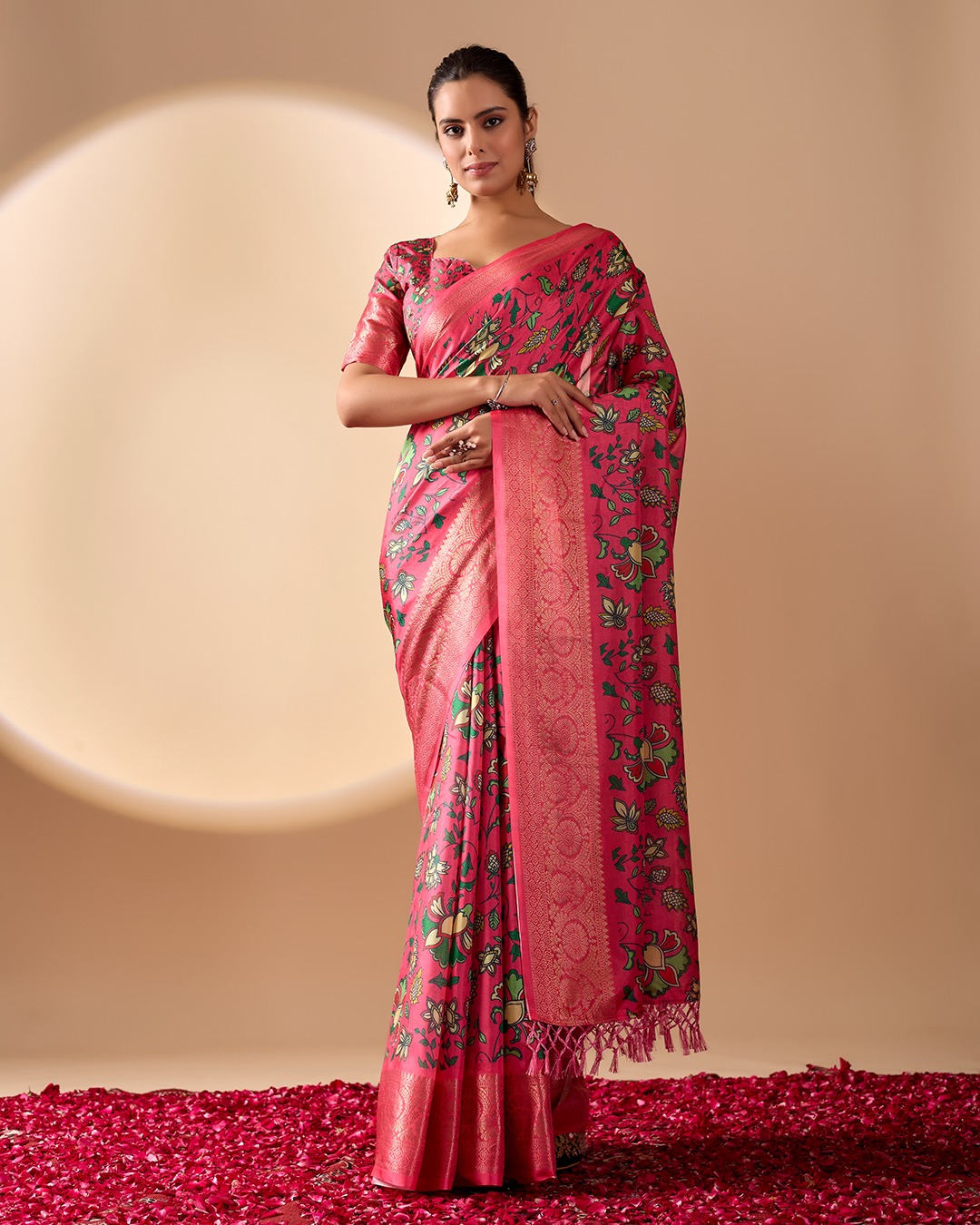 Pink Lichi Silk Saree with Floral Print Zari Border