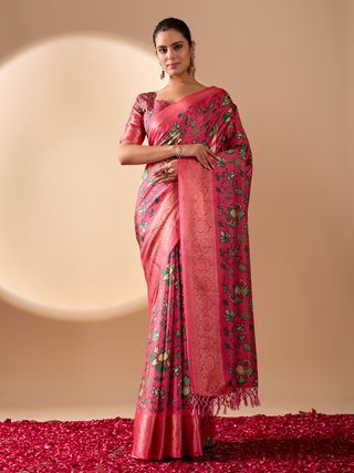Pink Lichi Silk Saree with Floral Print Zari Border