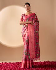 Pink Lichi Silk Saree with Floral Print Zari Border - Pink