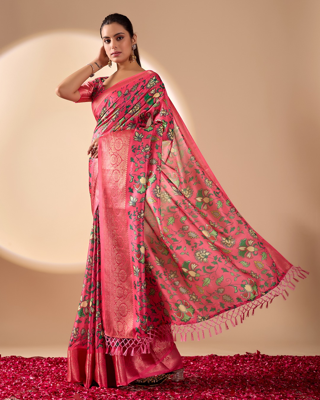 Pink Lichi Silk Saree with Floral Print Zari Border