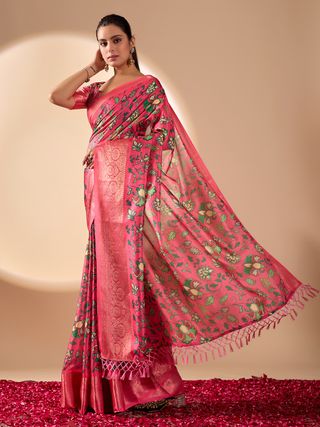 Pink Lichi Silk Saree with Floral Print Zari Border