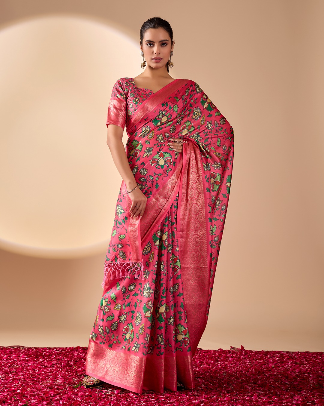 Pink Lichi Silk Saree with Floral Print Zari Border