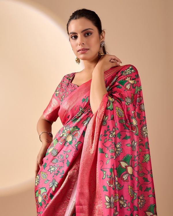 Pink Lichi Silk Saree with Floral Print Zari Border