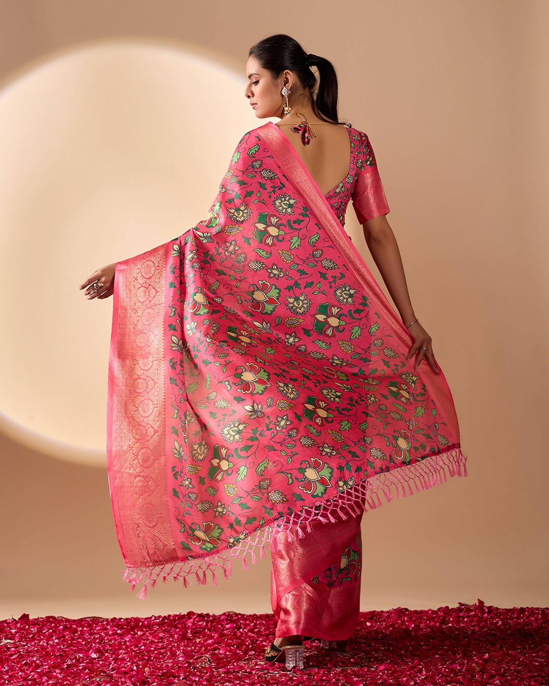 Pink Lichi Silk Saree with Floral Print Zari Border
