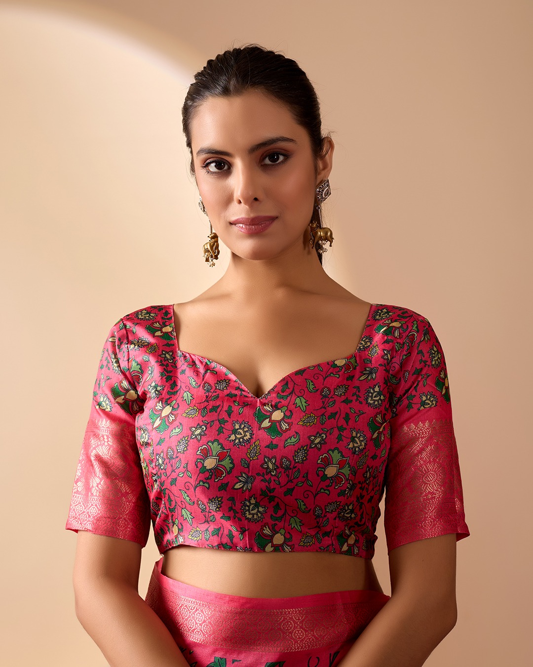 Pink Lichi Silk Saree with Floral Print Zari Border