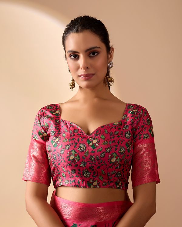 Pink Lichi Silk Saree with Floral Print Zari Border