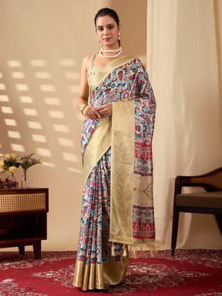 Multicolor Lichi Silk Saree with Golden Zari Border