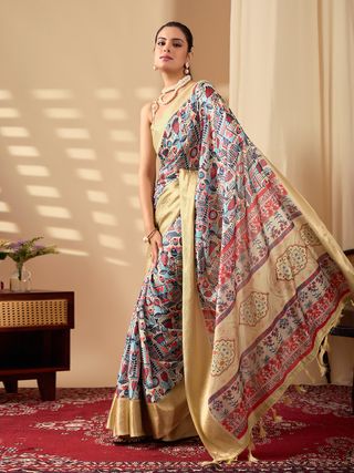 Multicolor Lichi Silk Saree with Golden Zari Border