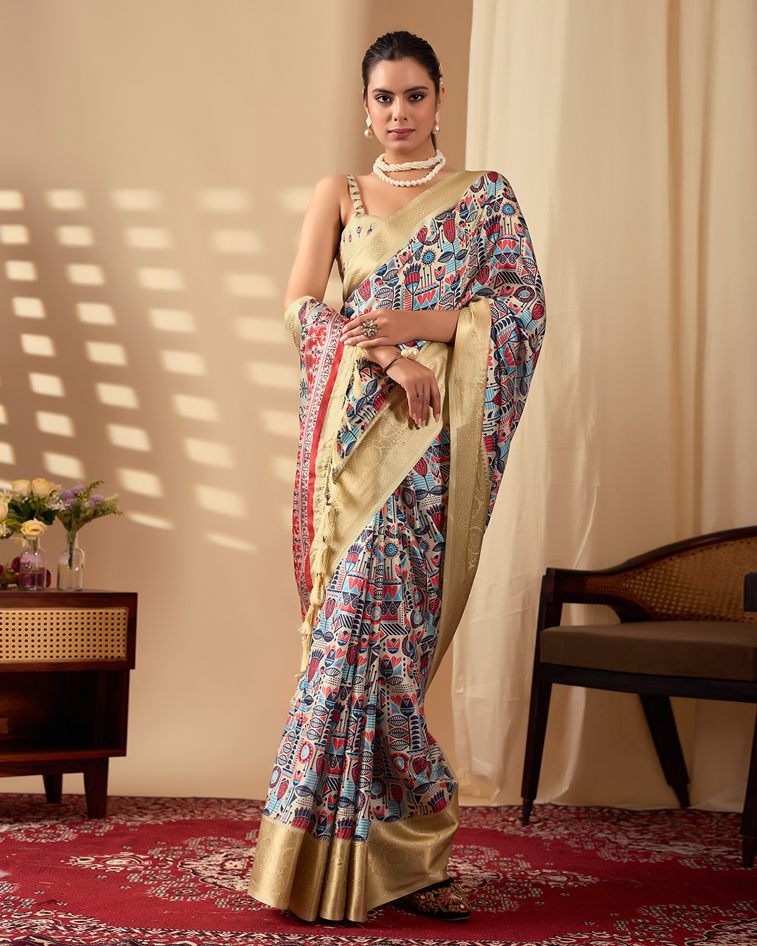 Multicolor Lichi Silk Saree with Golden Zari Border