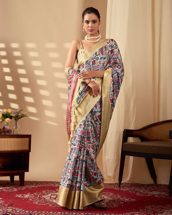 Multicolor Lichi Silk Saree with Golden Zari Border