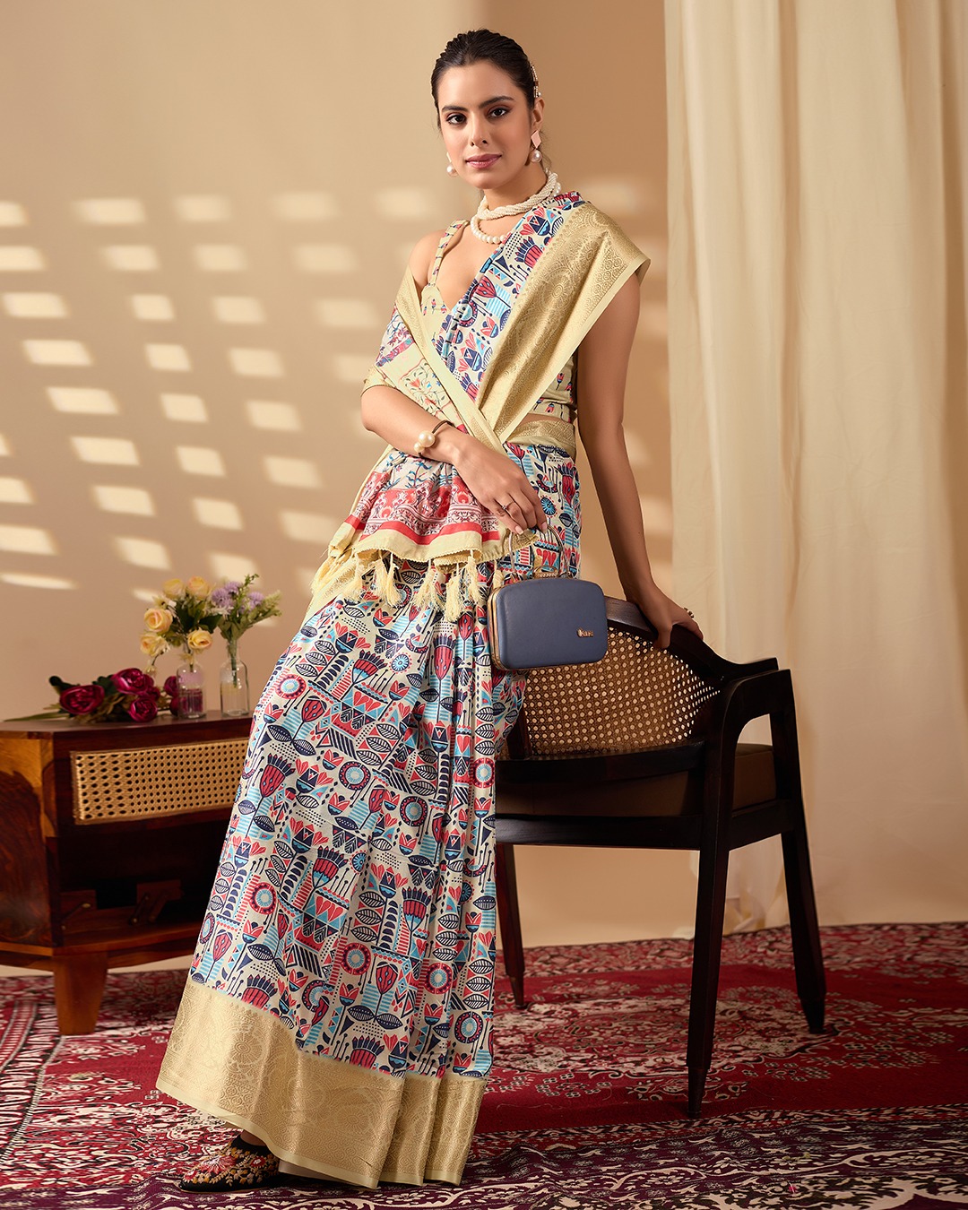 Multicolor Lichi Silk Saree with Golden Zari Border