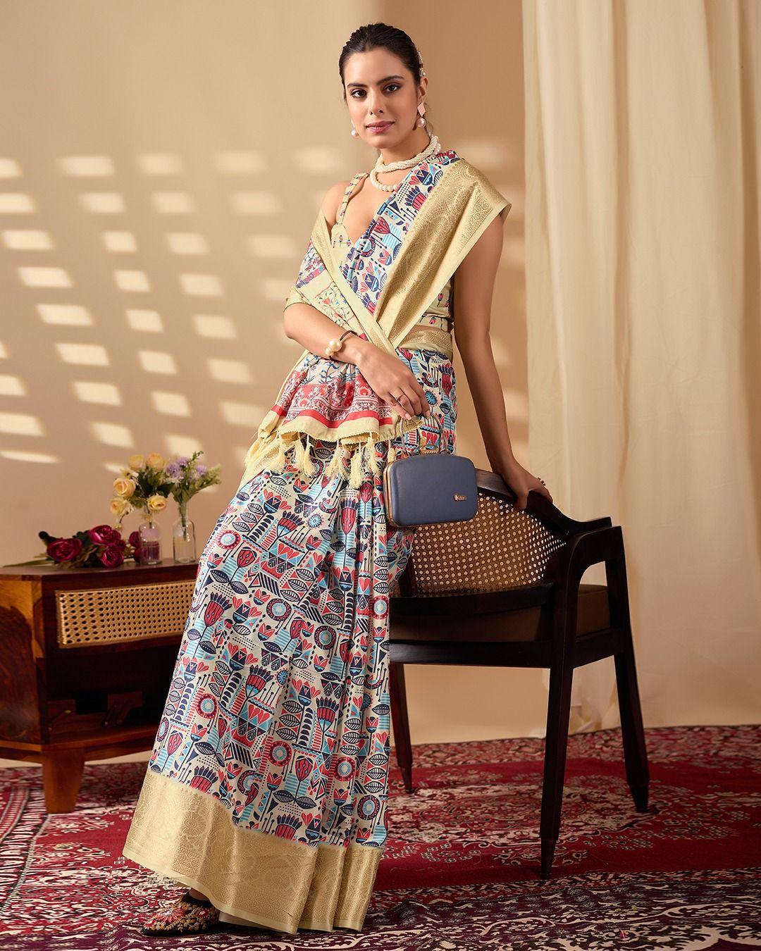 Multicolor Lichi Silk Saree with Golden Zari Border