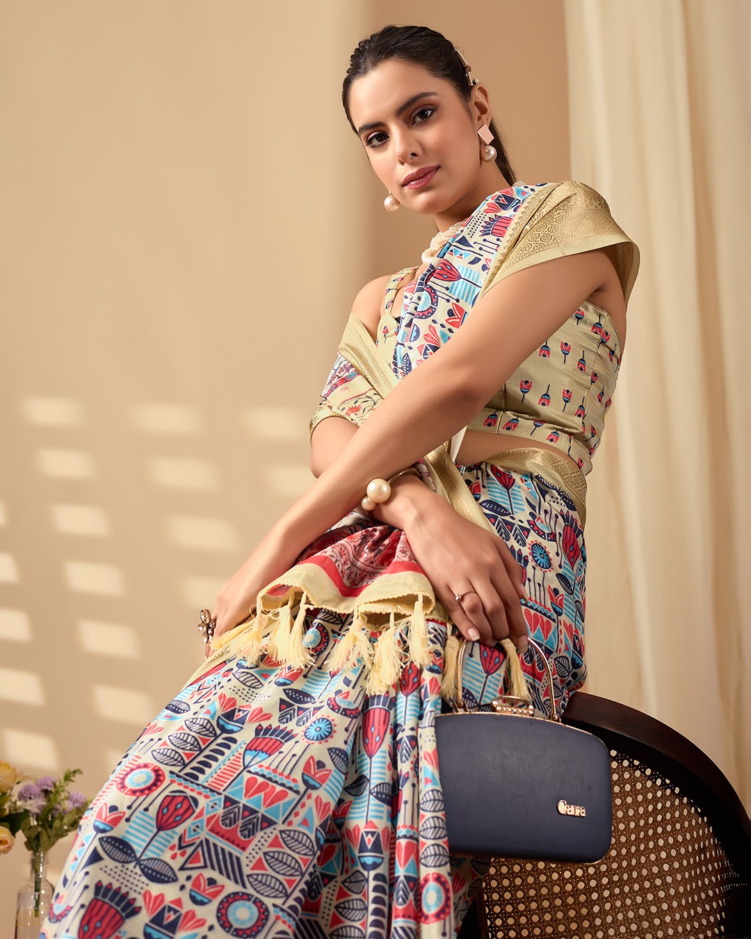 Multicolor Lichi Silk Saree with Golden Zari Border