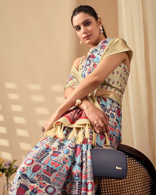 Multicolor Lichi Silk Saree with Golden Zari Border