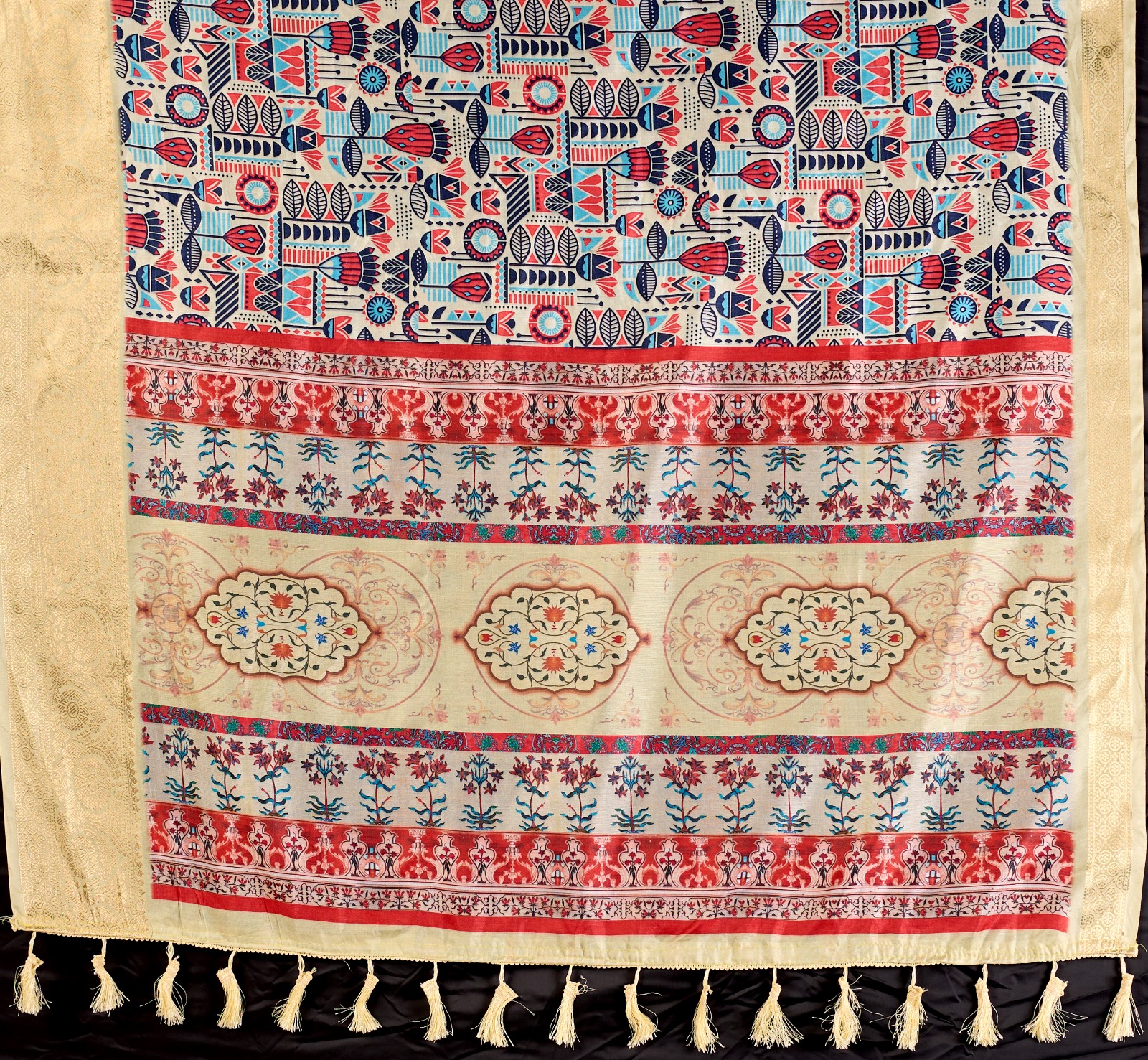 Multicolor Lichi Silk Saree with Golden Zari Border