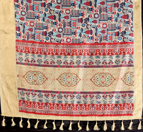 Multicolor Lichi Silk Saree with Golden Zari Border