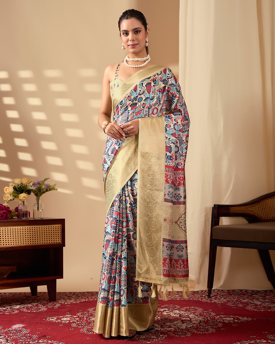 Multicolor Lichi Silk Saree with Golden Zari Border