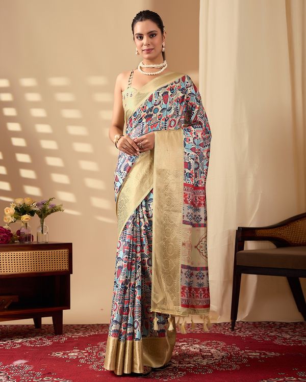 Multicolor Lichi Silk Saree with Golden Zari Border