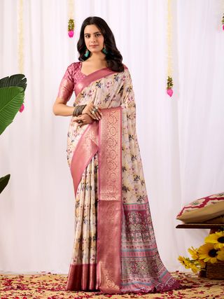 Festive Beige Saree with Floral Print and Rich Zari Work