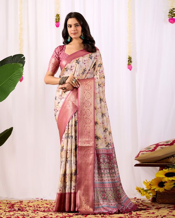 Festive Beige Saree with Floral Print and Rich Zari Work