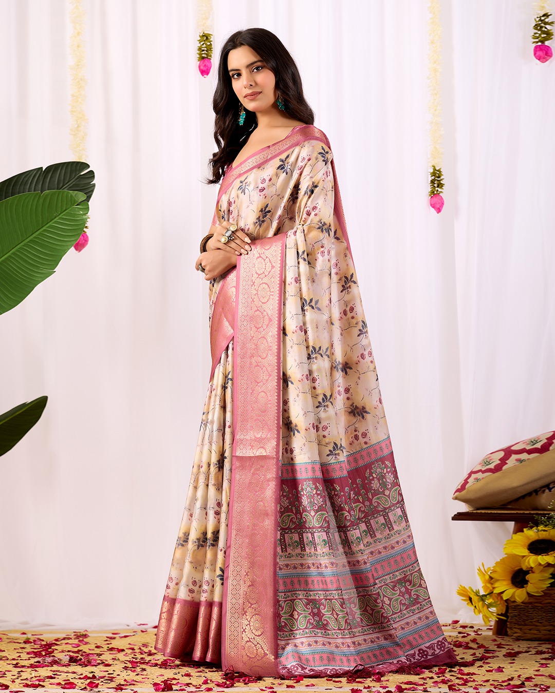 Festive Beige Saree with Floral Print and Rich Zari Work
