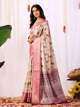 Festive Beige Saree with Floral Print and Rich Zari Work