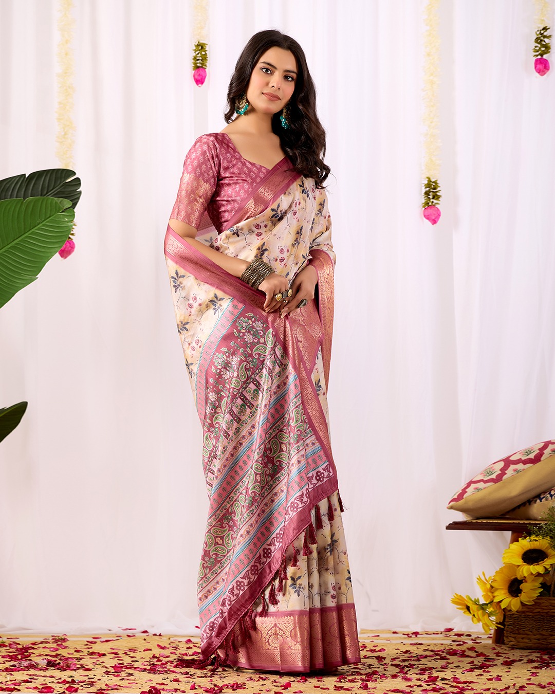 Festive Beige Saree with Floral Print and Rich Zari Work