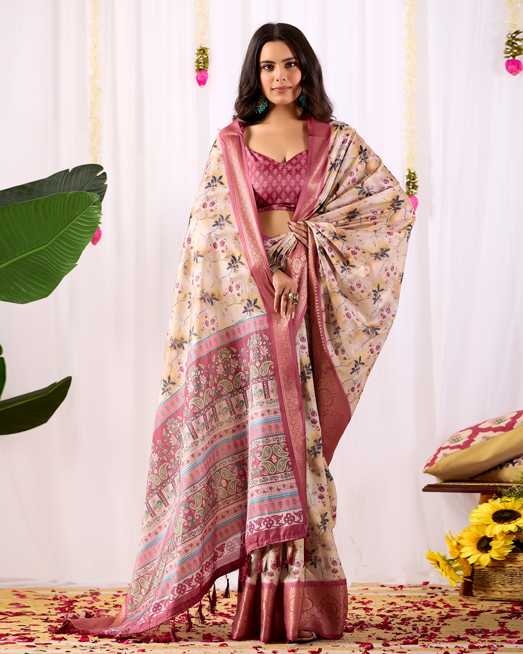 Festive Beige Saree with Floral Print and Rich Zari Work