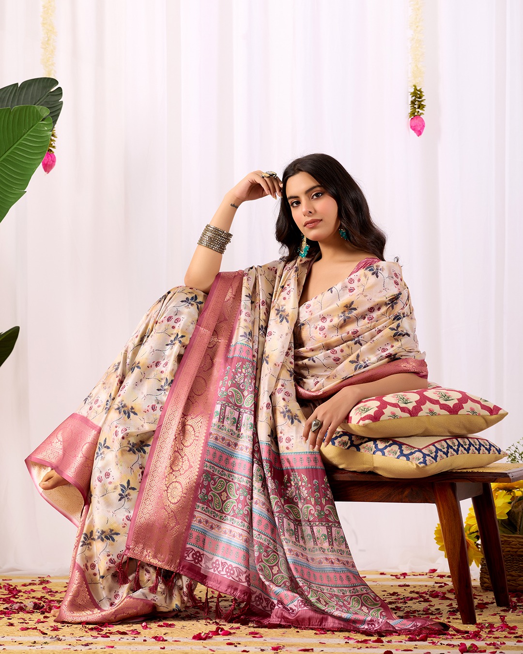 Festive Beige Saree with Floral Print and Rich Zari Work