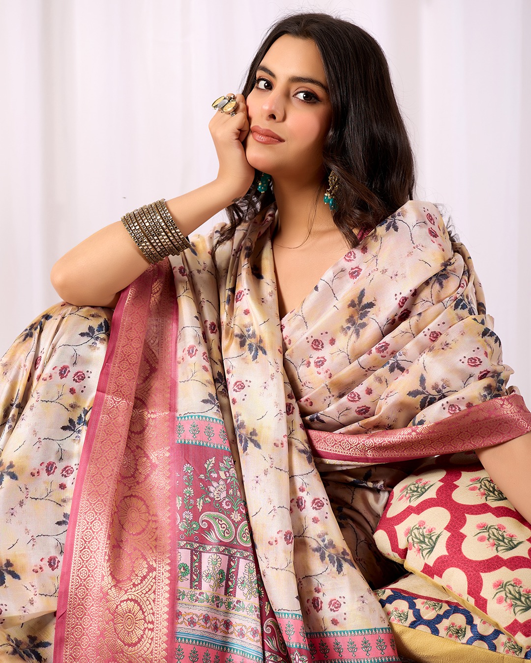 Festive Beige Saree with Floral Print and Rich Zari Work