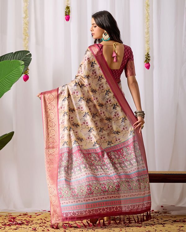 Festive Beige Saree with Floral Print and Rich Zari Work