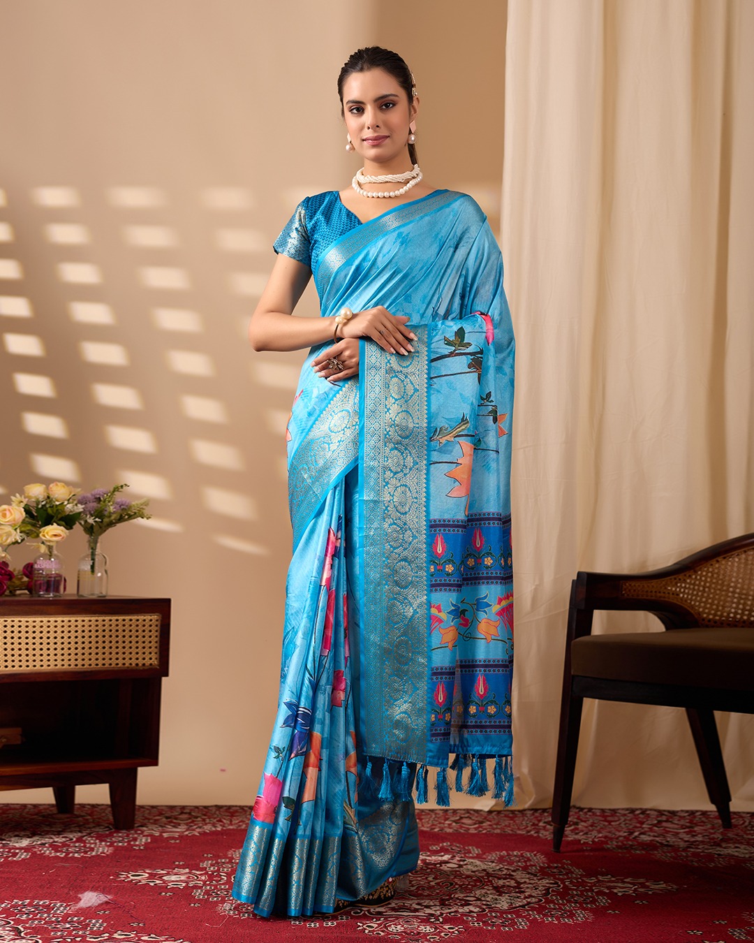 Blue Ethnic Saree with Floral Design and Zari Border