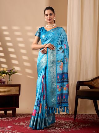 Blue Ethnic Saree with Floral Design and Zari Border
