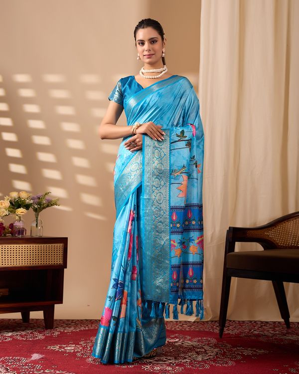 Blue Ethnic Saree with Floral Design and Zari Border