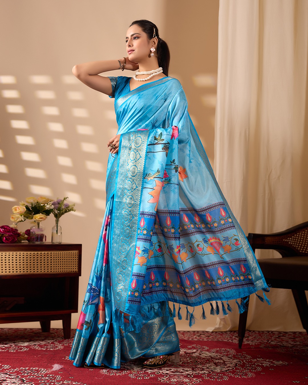 Blue Ethnic Saree with Floral Design and Zari Border