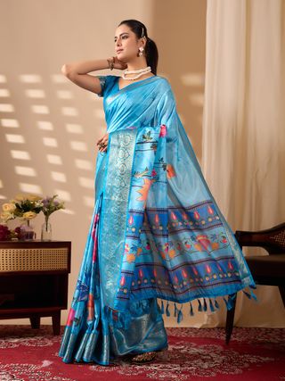 Blue Ethnic Saree with Floral Design and Zari Border