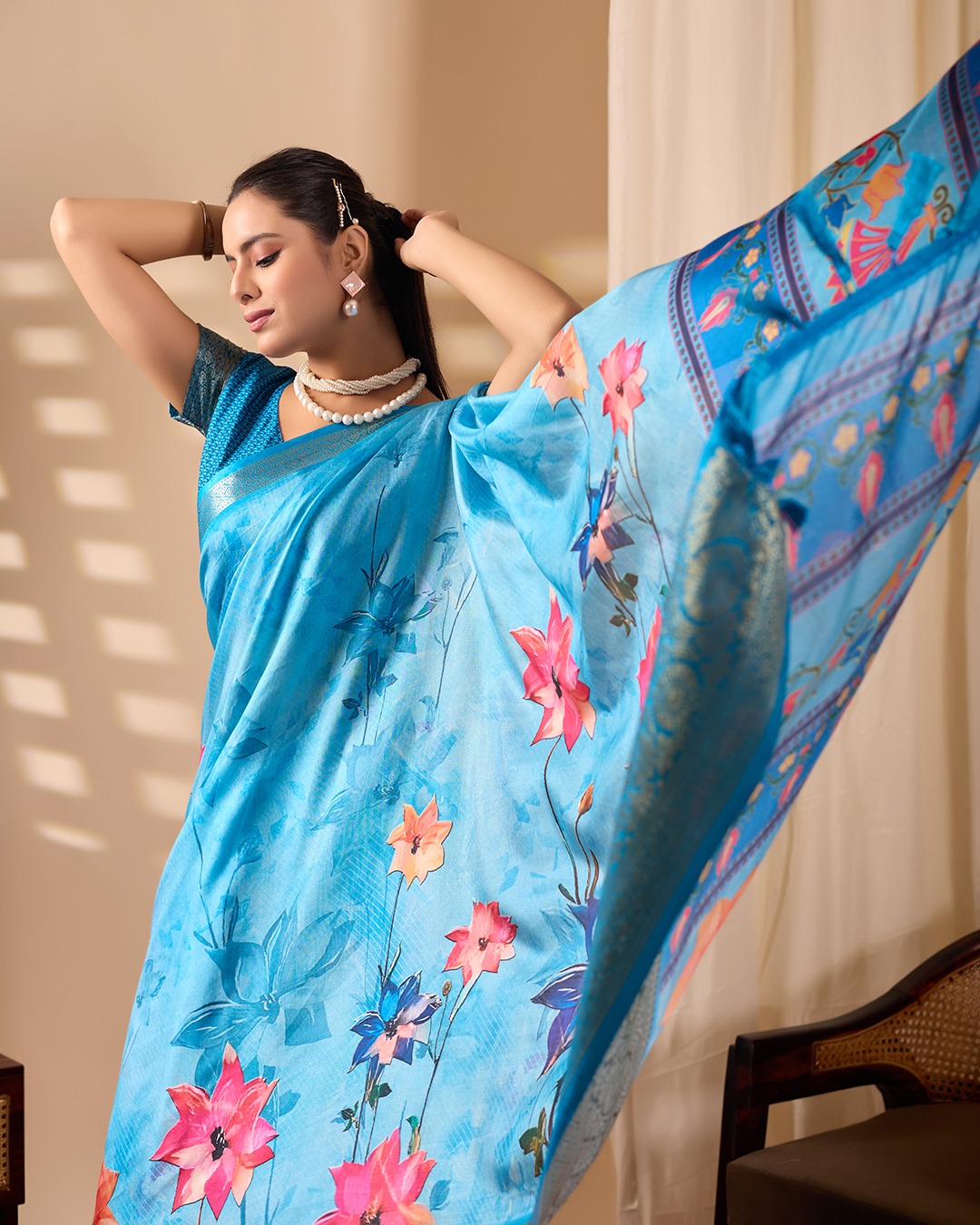 Blue Ethnic Saree with Floral Design and Zari Border