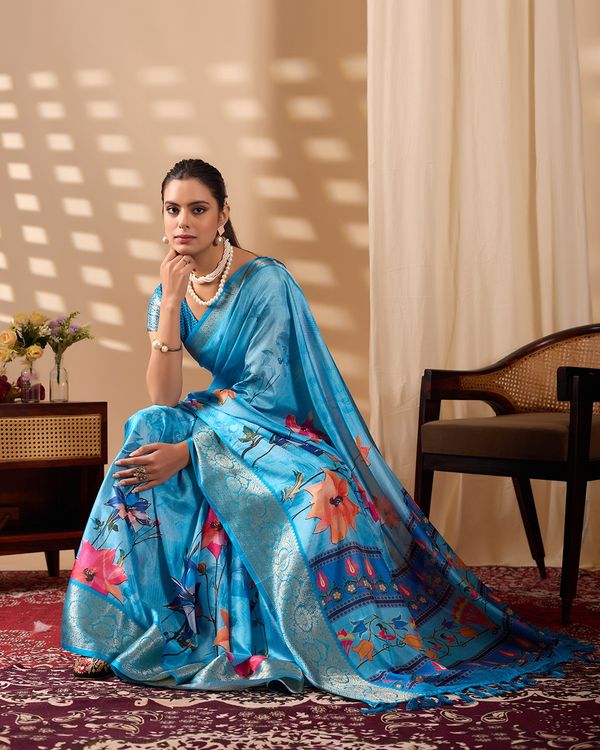 Blue Ethnic Saree with Floral Design and Zari Border