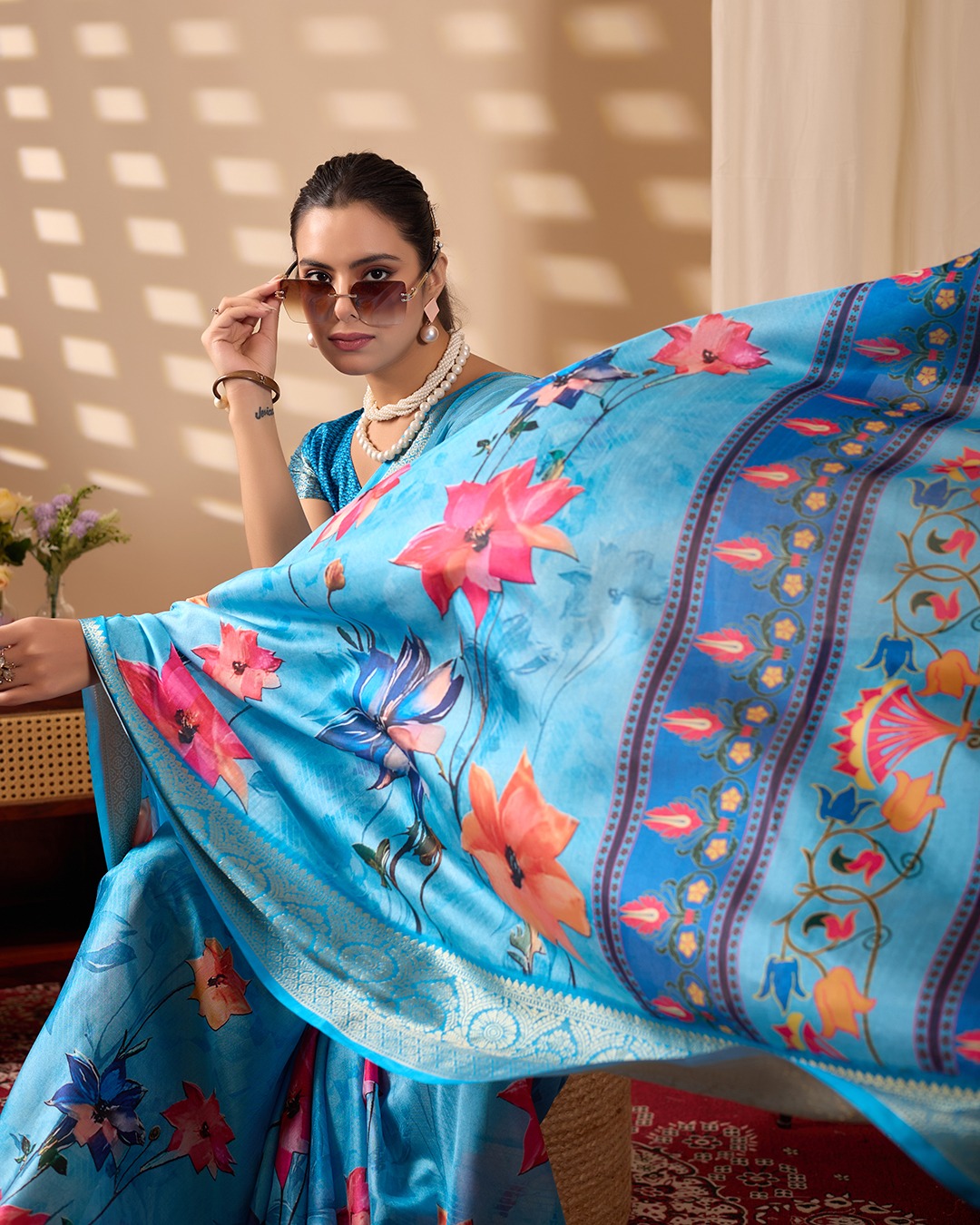 Blue Ethnic Saree with Floral Design and Zari Border