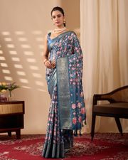 Royal Teal Floral Elegance Saree - Teal