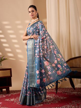 Royal Teal Floral Elegance Saree