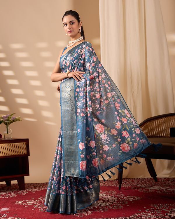 Royal Teal Floral Elegance Saree