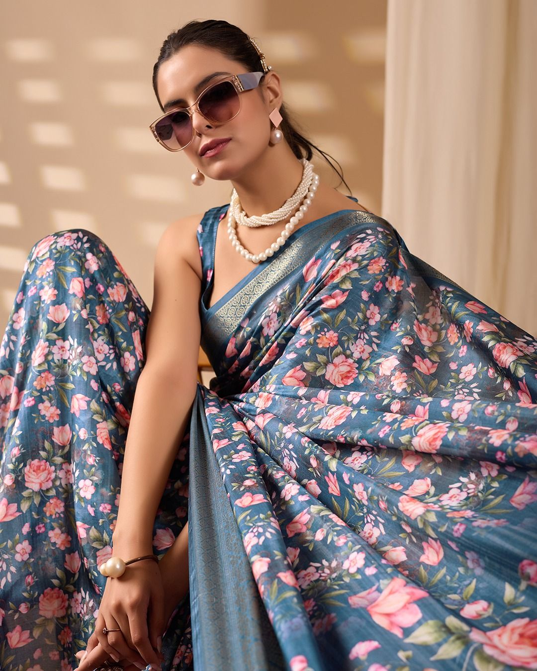 Royal Teal Floral Elegance Saree