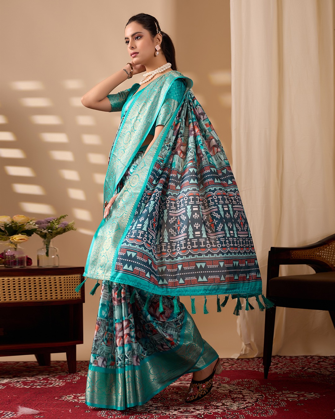 Sea Green Fusion Designer Saree