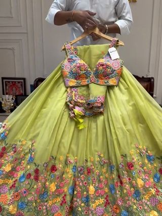 Lime Floral Embroidered Butterfly Net Lehenga Set